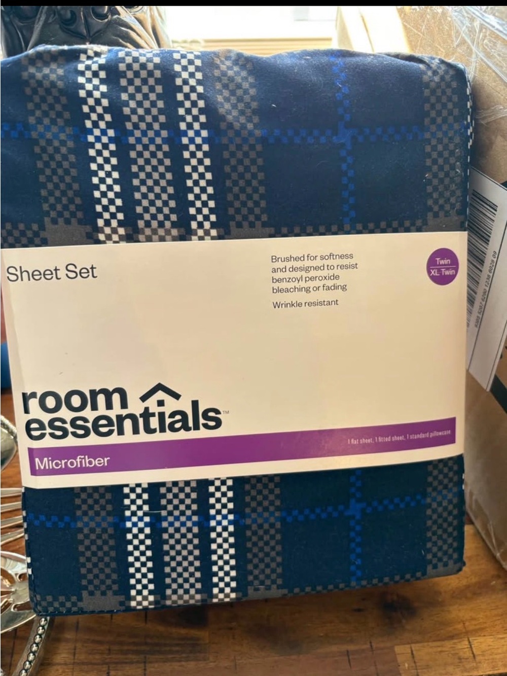 Room Essentials Navy, Black and White Plaid Microfiber Sheet Set